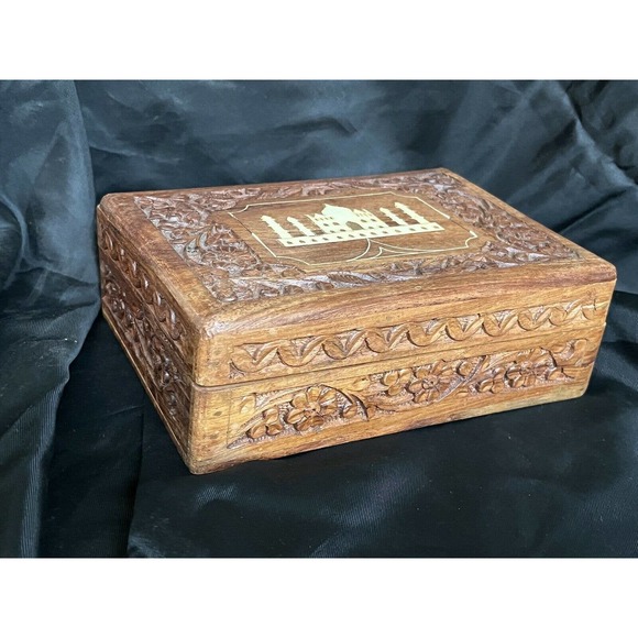 Hand Carved Wooden Box Taj Mahal Inlay Made In India By Archana Handicrafts 7" - Picture 3 of 11
